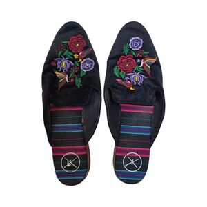 Inkkas Frida Floral Embroidered Boho Cottage Extra Velour Slip on Mules sz 9